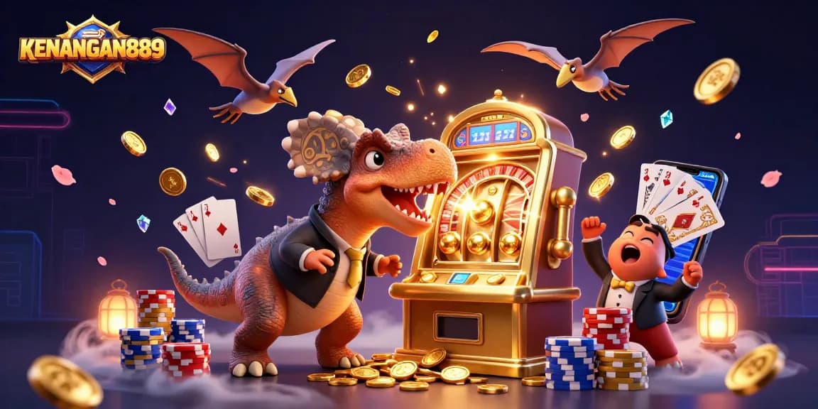 Experience the thrill of KENANGAN889 as cartoon dinosaurs interact with a golden slot machine amidst cascading coins.