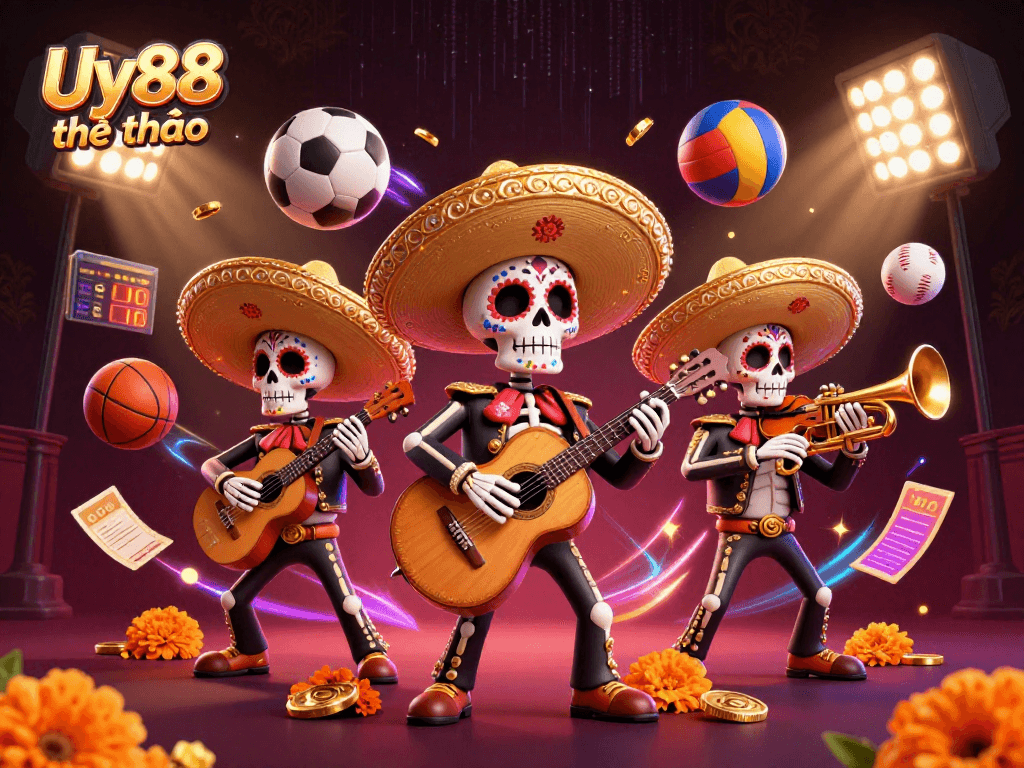 Engage in thrilling betting at Uy88 thể thao with vibrant 3D sports elements and mariachi celebration.