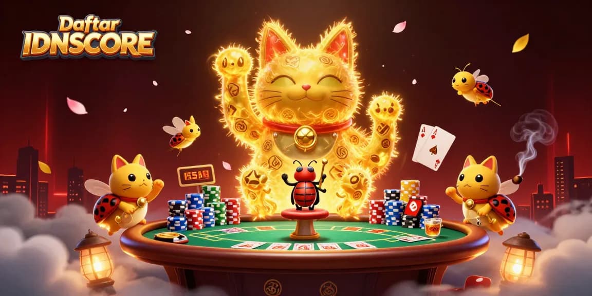 Experience the excitement of Daftar IDNSCORE with a vivid 3D illustration of a lucky cat and casino elements.