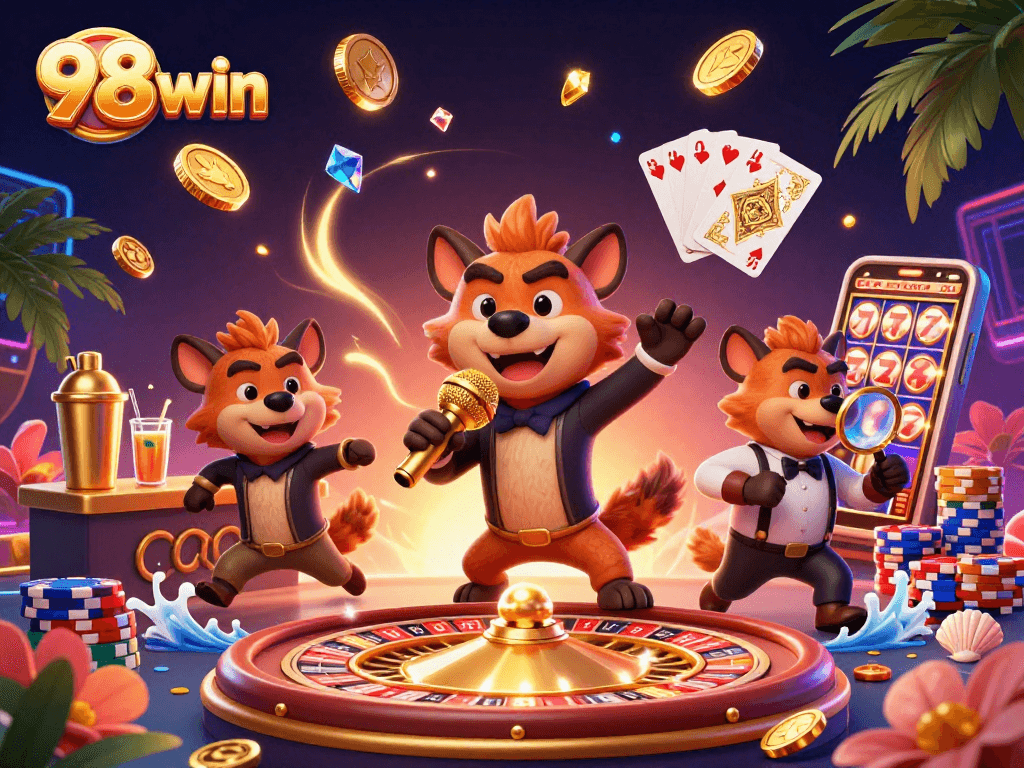 Experience excitement at 98win with hyenas, spinning roulette, and sparkling gems.