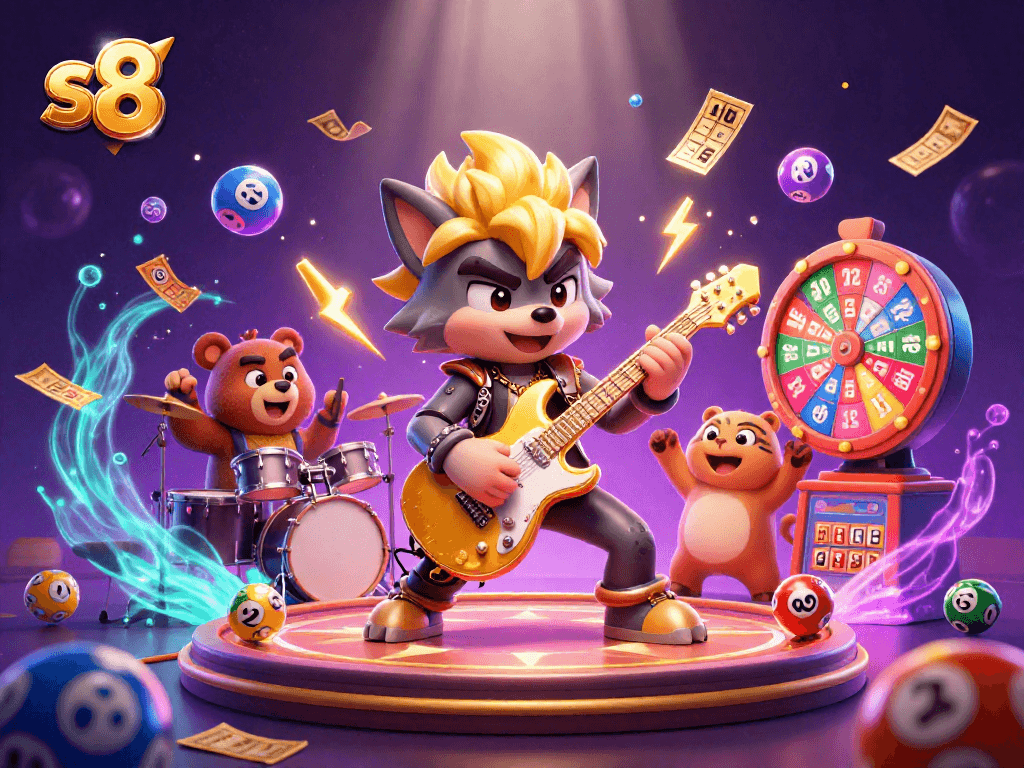 Engage in fun with s8's dynamic casino atmosphere featuring colorful games and lively characters.