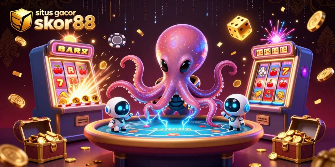 Situs gacor skor88 showcases a dynamic alien octopus running a poker game in a jackpot scene loaded with casino excitement.