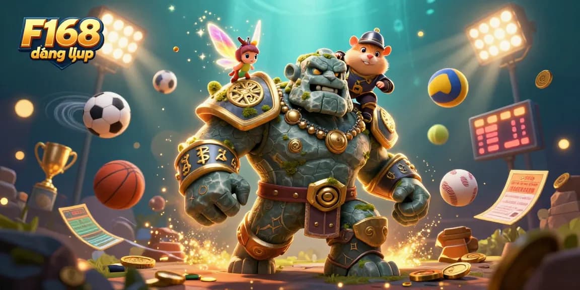 Experience the thrill of betting with F168 đăng nhập, highlighted by magical characters amidst dynamic sports elements.