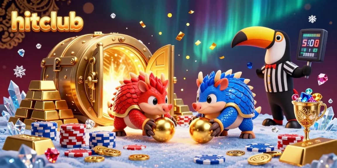 Hitclub pangolins compete in a poker game, immersed in gold and gems within a vibrant casino scene.