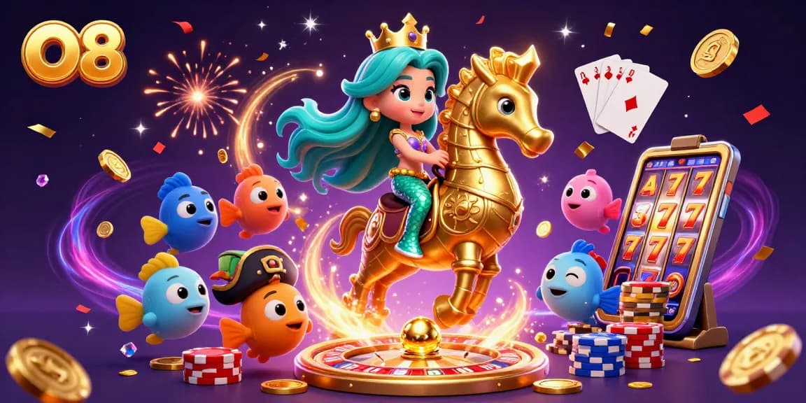 Experience thrilling gameplay at O8 with a magical scene featuring a mermaid riding a seahorse.