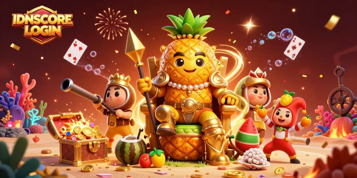 IDNSCORE LOGIN interactive casino scene with a golden pineapple king, jubilant characters, and vibrant gaming elements.