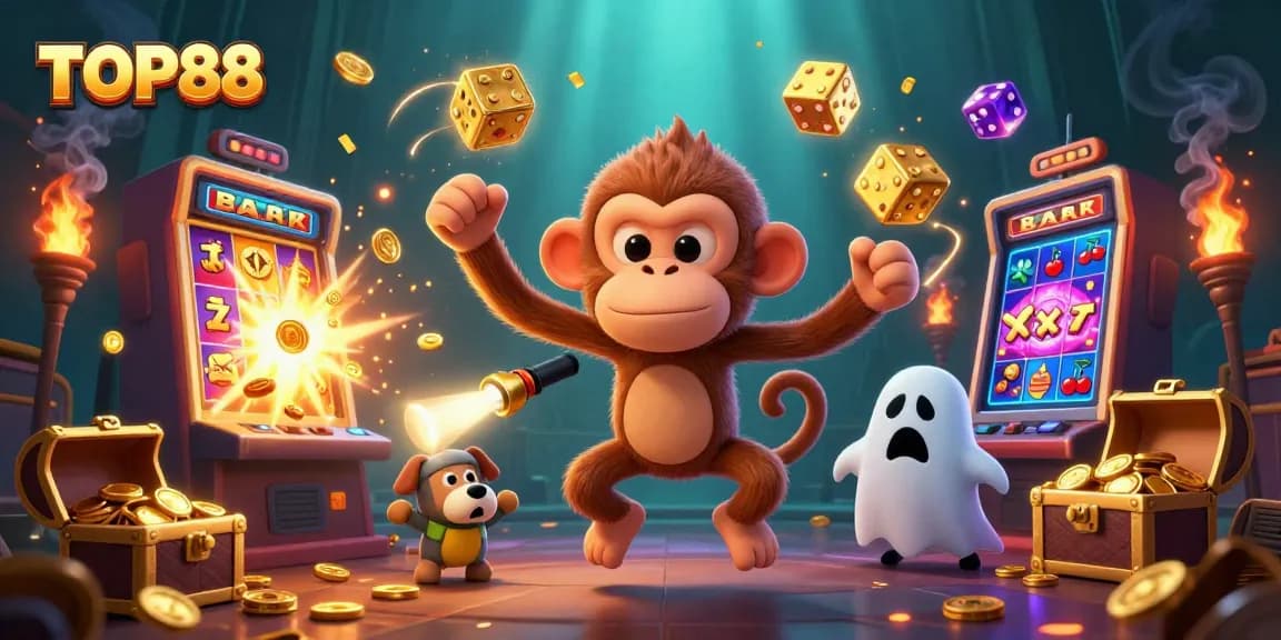 Catch the excitement at TOP88 with a playful ghost-juggling coins in this vibrant casino scene.
