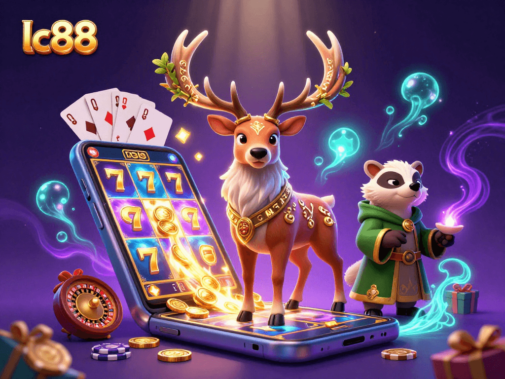 Win big with lc88 in this vibrant casino illustration featuring a 3D stag and slot elements.