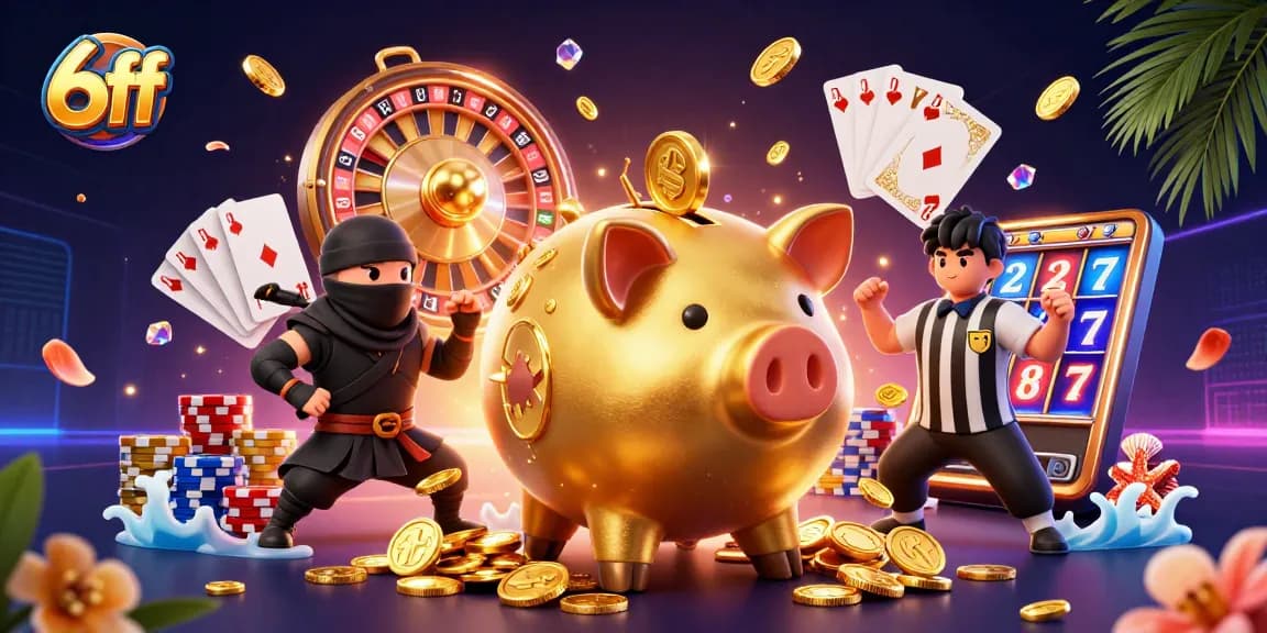 Join the exciting action of 6ff as golden coins cascade from the iconic sumo piggy bank in this vibrant casino scene.