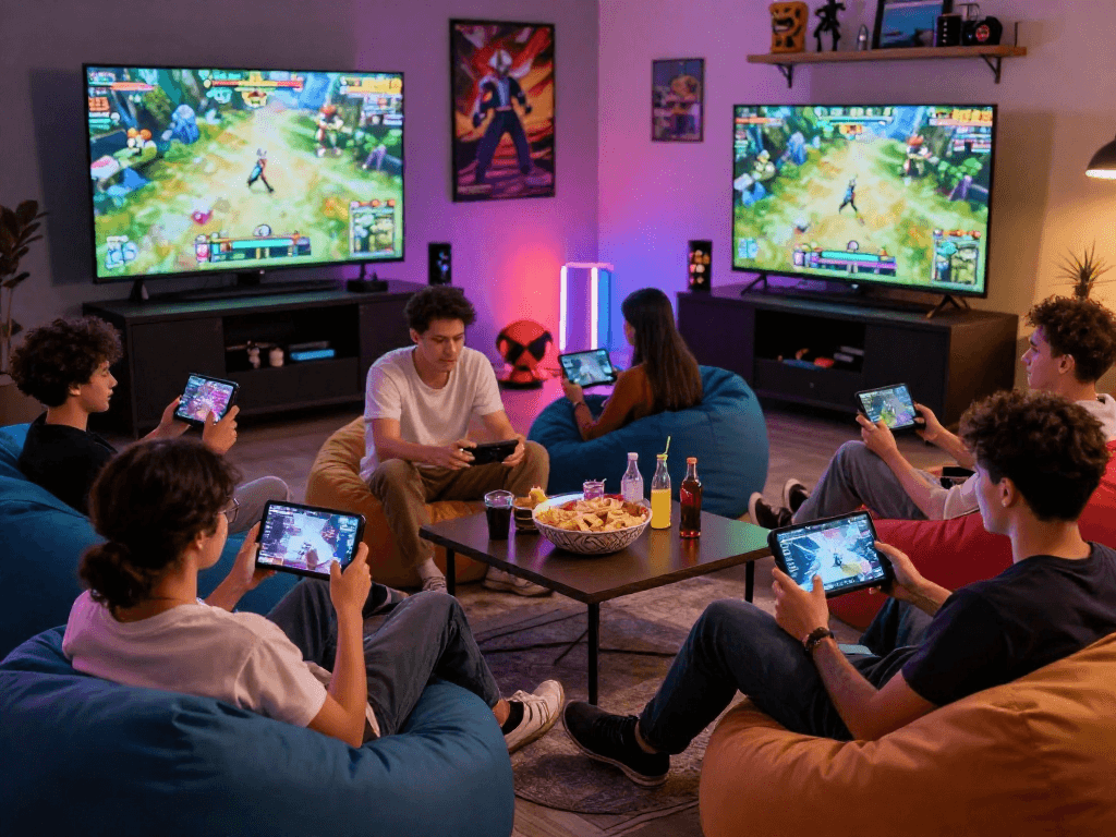 Group playing lewdspot adult games in vibrant gaming lounge with cozy atmosphere