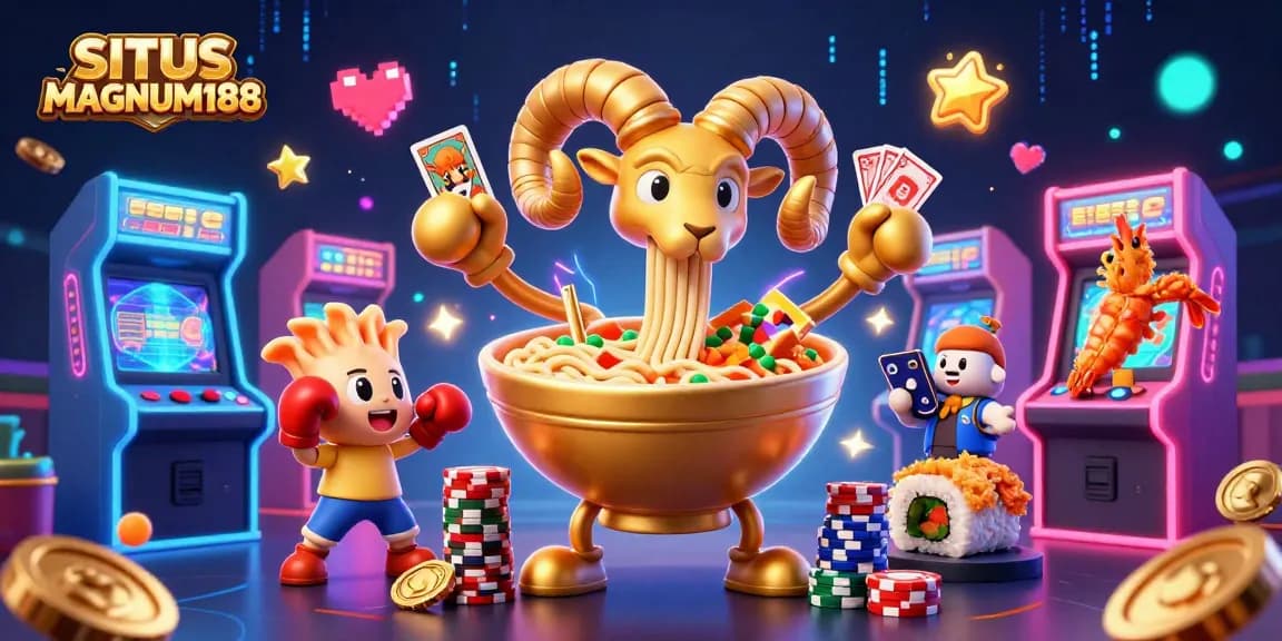 SITUS MAGNUM188 features a colorful 3D casino scene where a ramen bowl character deals cards and stacks chips.