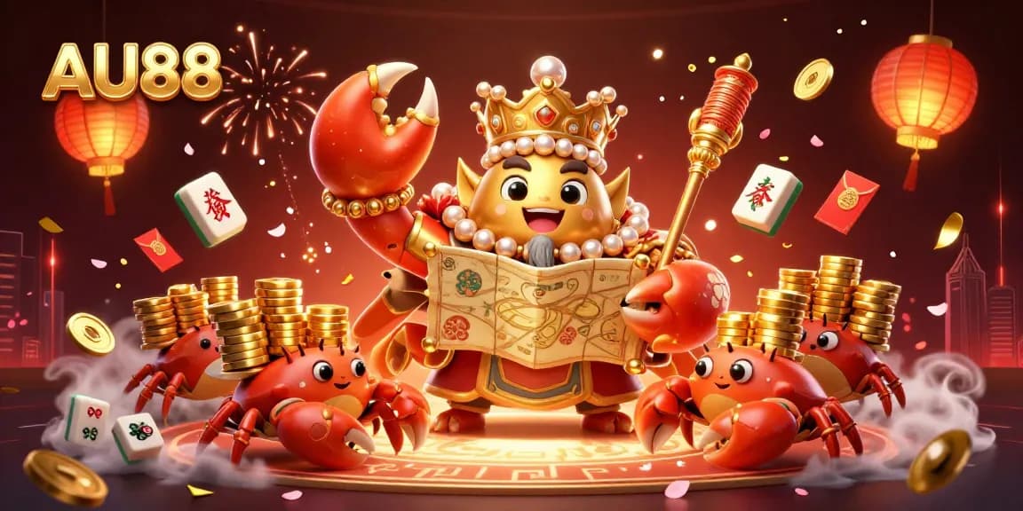 Experience exciting slots and casino gaming with AU88 through a golden crab emperor leading treasure seekers.