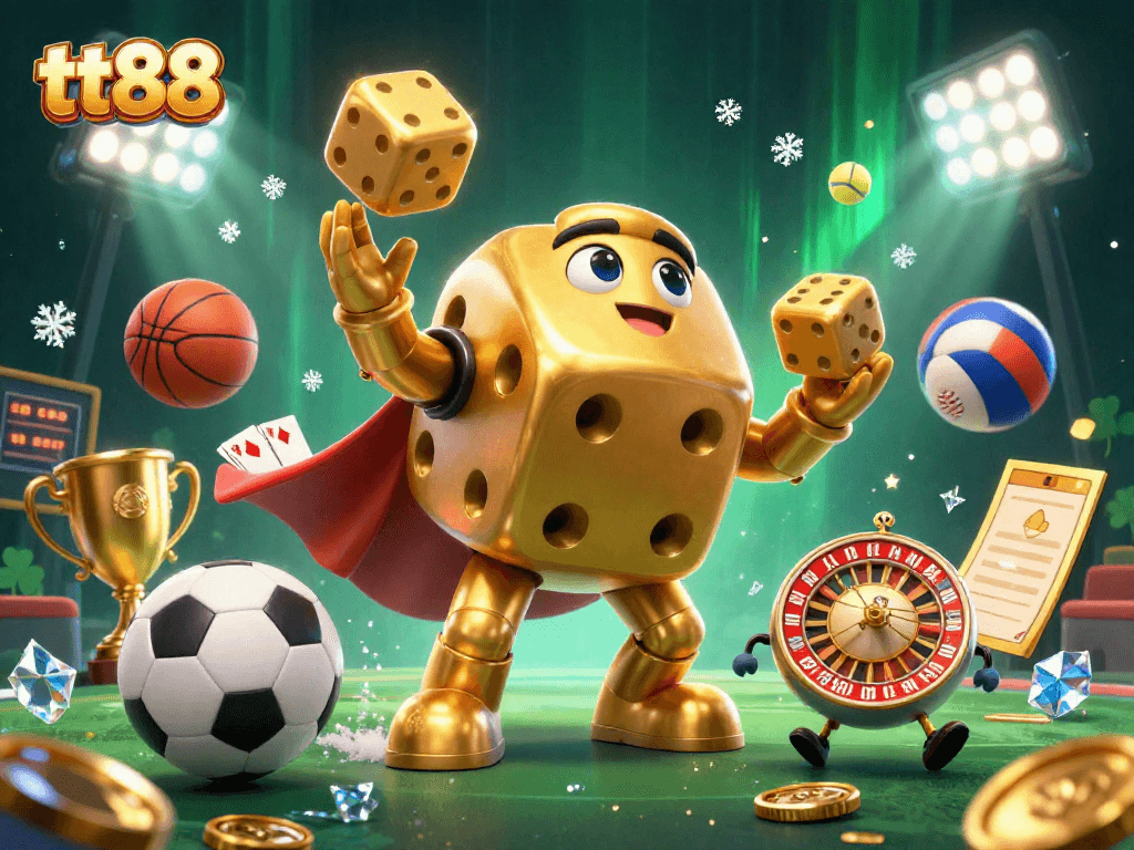 Watch tt88 players win big with this engaging 3D casino illustration featuring gold dice and sports elements.