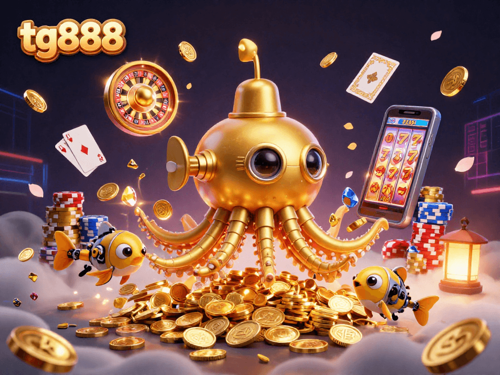 Engage with tg888's thrilling 3D casino scene featuring a golden kraken and flying coins.