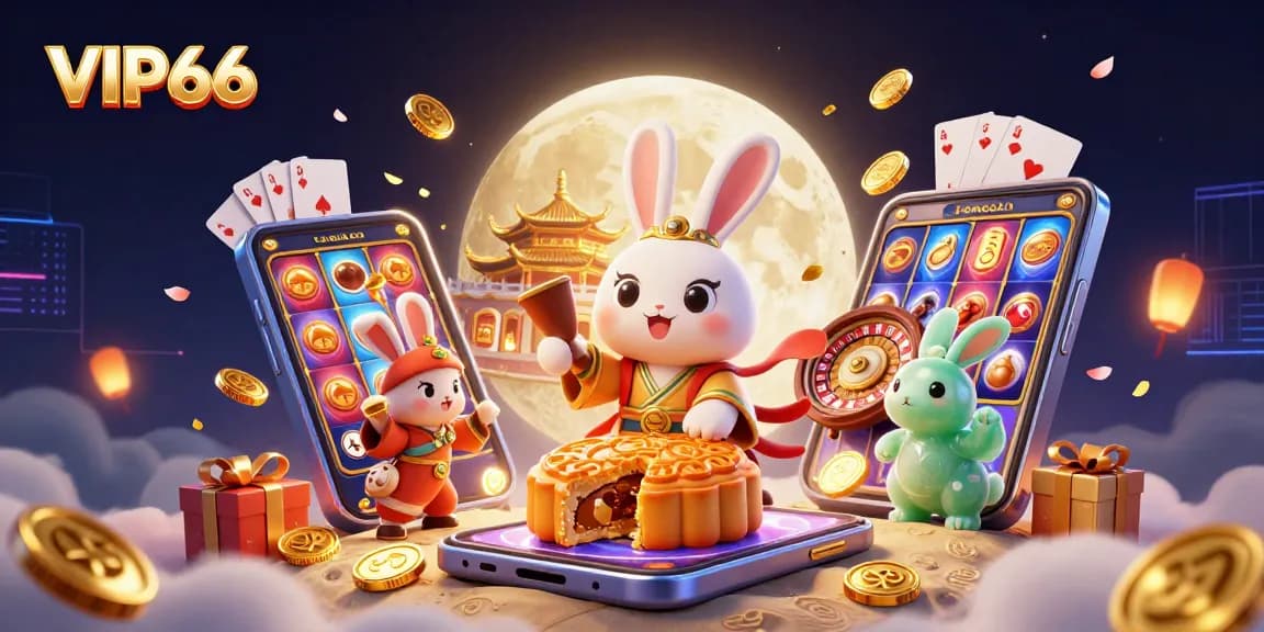 Engage with VIP66's thrilling games, featuring a moon rabbit scene of vibrant slot action.