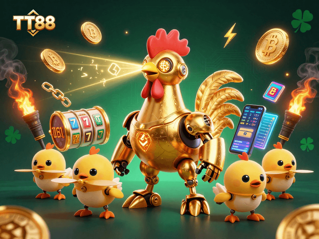 Experience thrilling gaming at TT88 with an engaging 3D illustration showcasing dynamic casino elements.