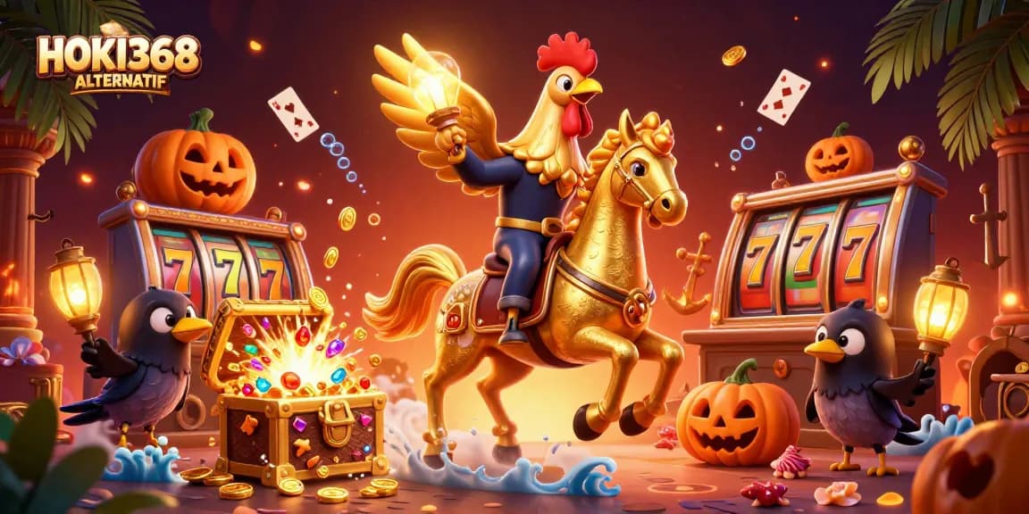 Engage with HOKI368 ALTERNATIF in a vibrant casino scene full of slot reels and action.