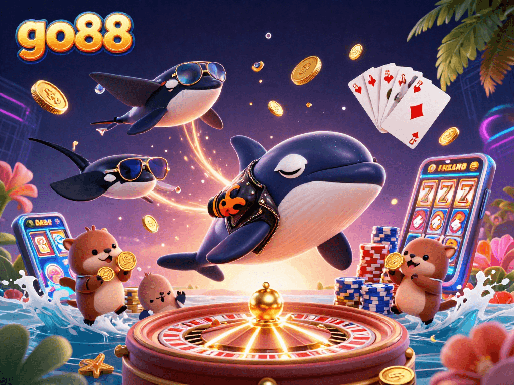 Experience go88 with an exciting scene full of vibrant casino adventures featuring characters and gaming elements.