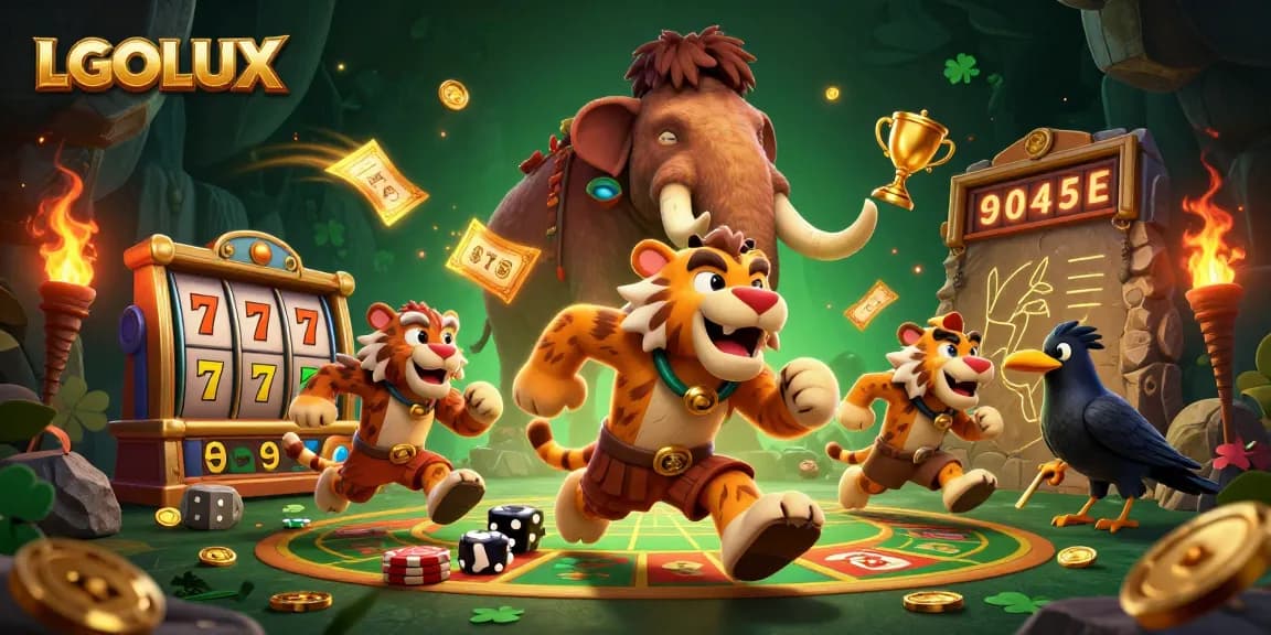 Experience thrilling gameplay with LGOLUX as a cartoon caveman and sabertooth tiger explore a prehistoric casino.