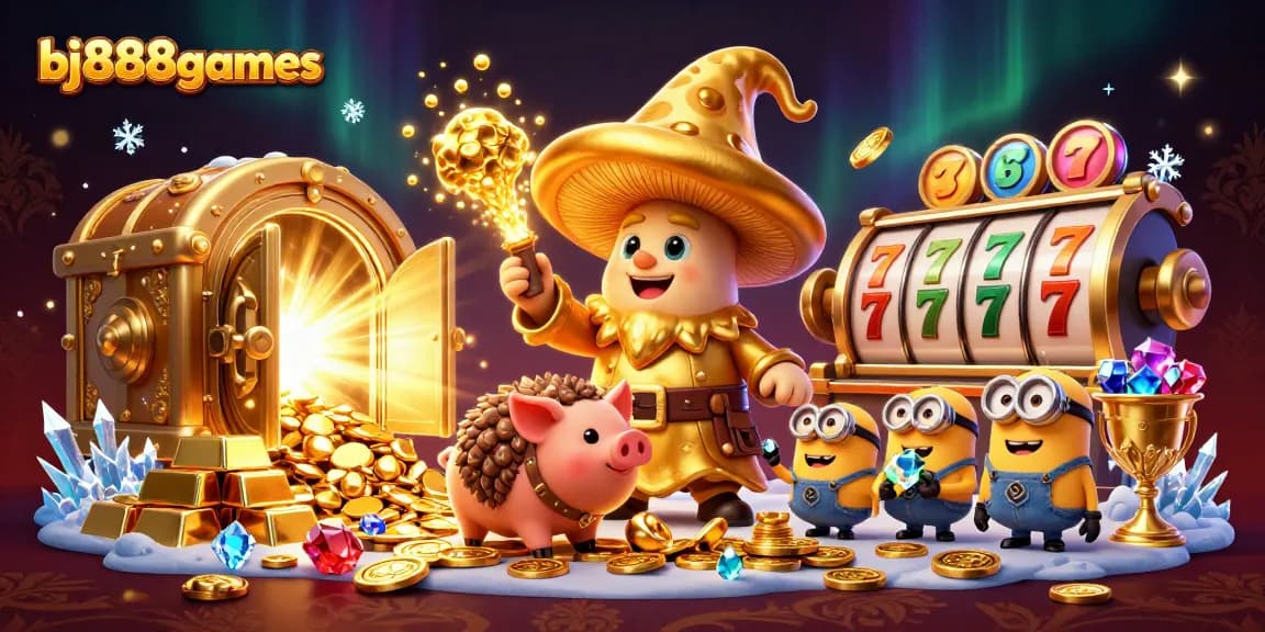 Experience the magic at bj888games with a vibrant 3D scene featuring treasures, slot elements, and a golden wizard.