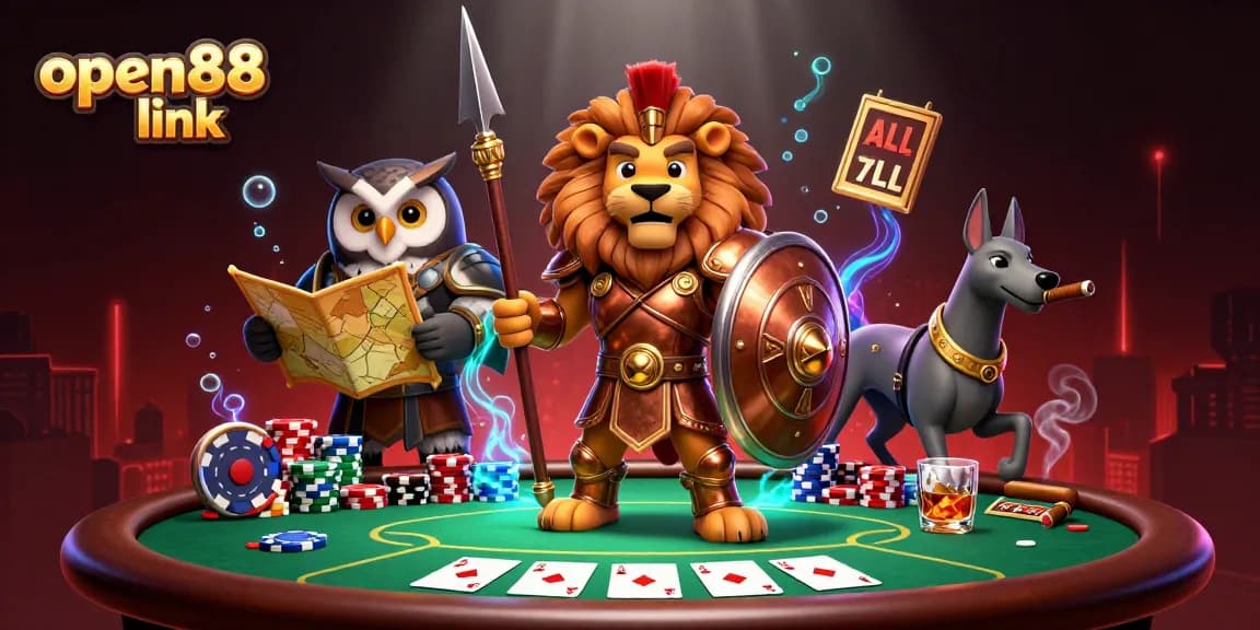 Join the fun of open88 link with this vibrant poker scene featuring lion, owl, and greyhound characters.