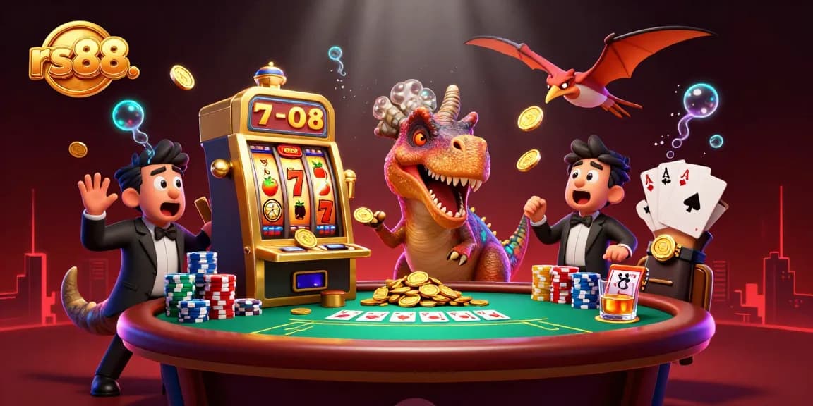 Experience the excitement of rs88. as a cartoon dinosaur wins a jackpot from a slot machine.