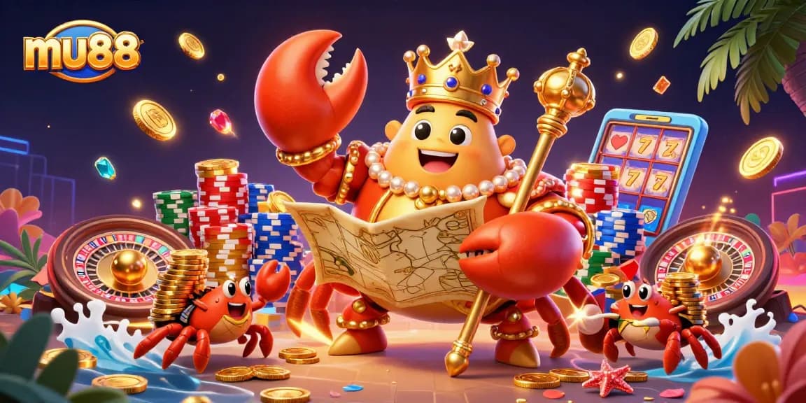 Spin and win big with the mu88 golden crab emperor in a vibrant casino scene filled with treasures.