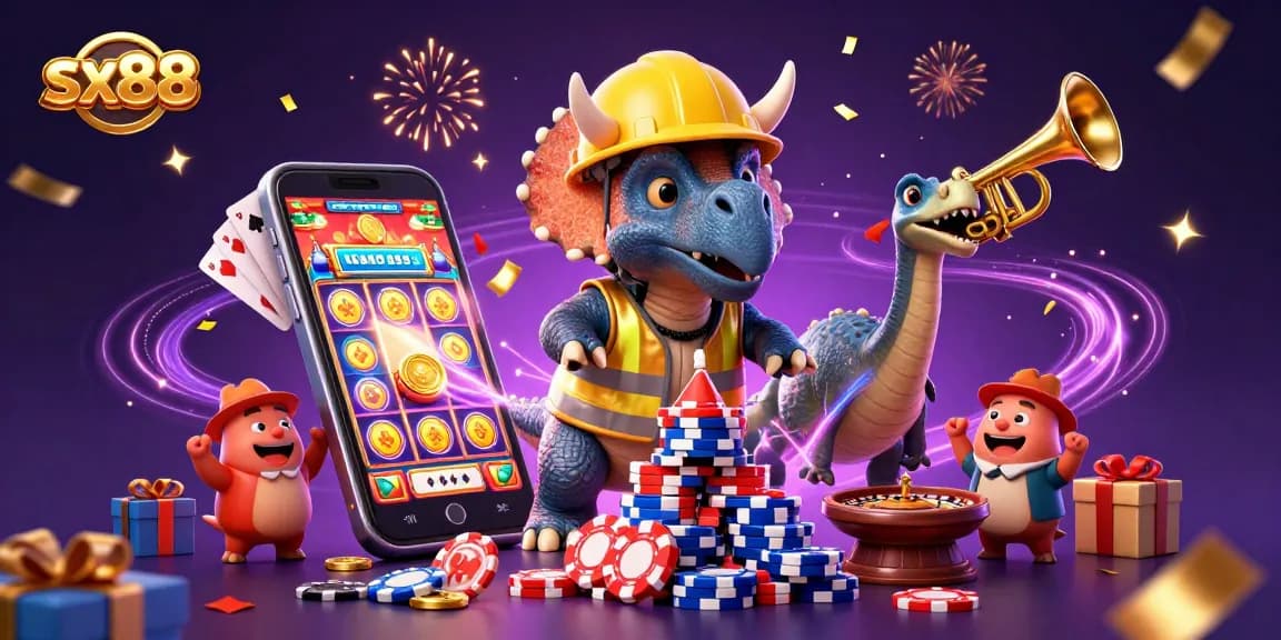 Sx88 celebrates with a triceratops and parasaurolophus creating a vibrant casino atmosphere