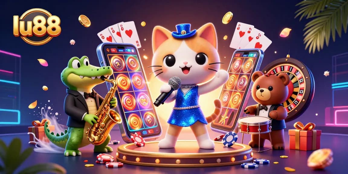 Experience thrilling gaming with lu88 as cartoon characters bring the casino to life amidst vibrant elements.