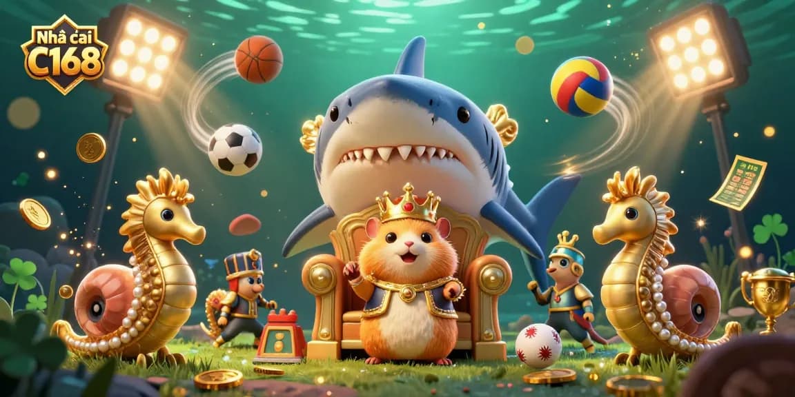 Engage in thrilling gaming action with Nhà cái C168 featuring colorful characters, dynamic balls, and vibrant casino elements.