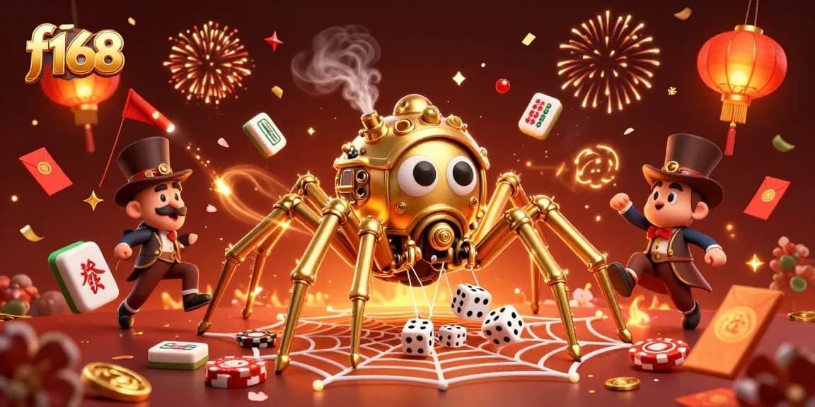 Experience thrilling gameplay with f168 as a golden spider ensnares dice in a vibrant casino scene.