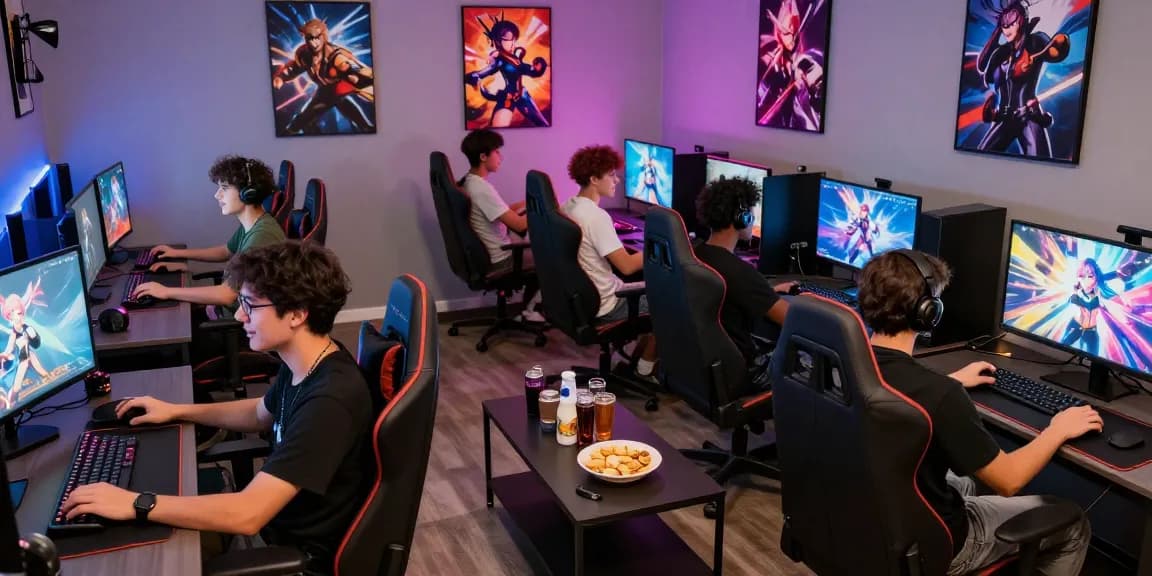 Group of friends playing ecchi simulator games in a vibrant gaming lounge.