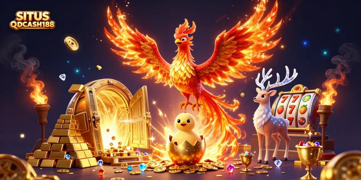 SITUS QQCASH188 features a phoenix and mystical stag in a vibrant casino illustration with dynamic slot elements.