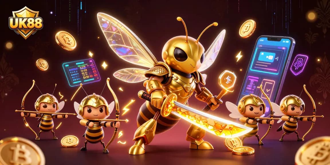 Engage with UK88's vibrant gaming scene featuring a dynamic golden hornet and crypto elements, celebrating online gambling.