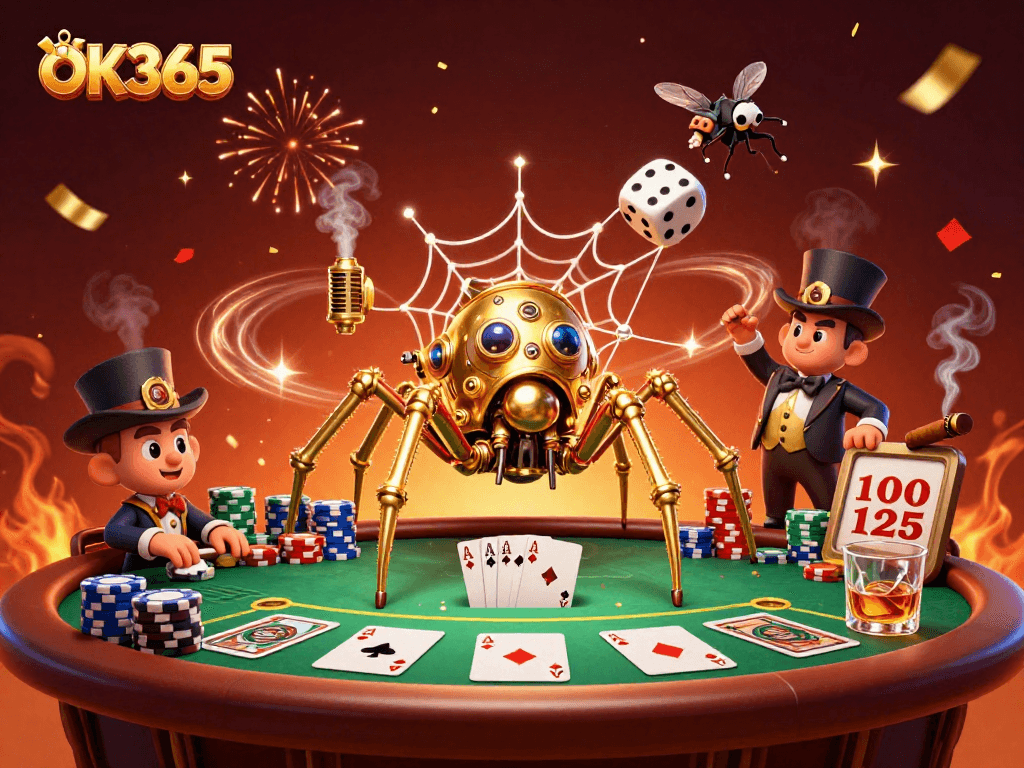 Engage in thrilling gameplay at OK365 with a golden spider ensnaring dice amidst poker excitement.