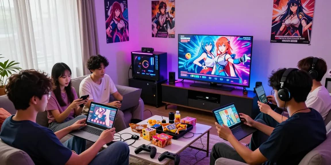 Engaged friends playing free hentai games in a vibrant gaming room, showcasing social gaming culture.