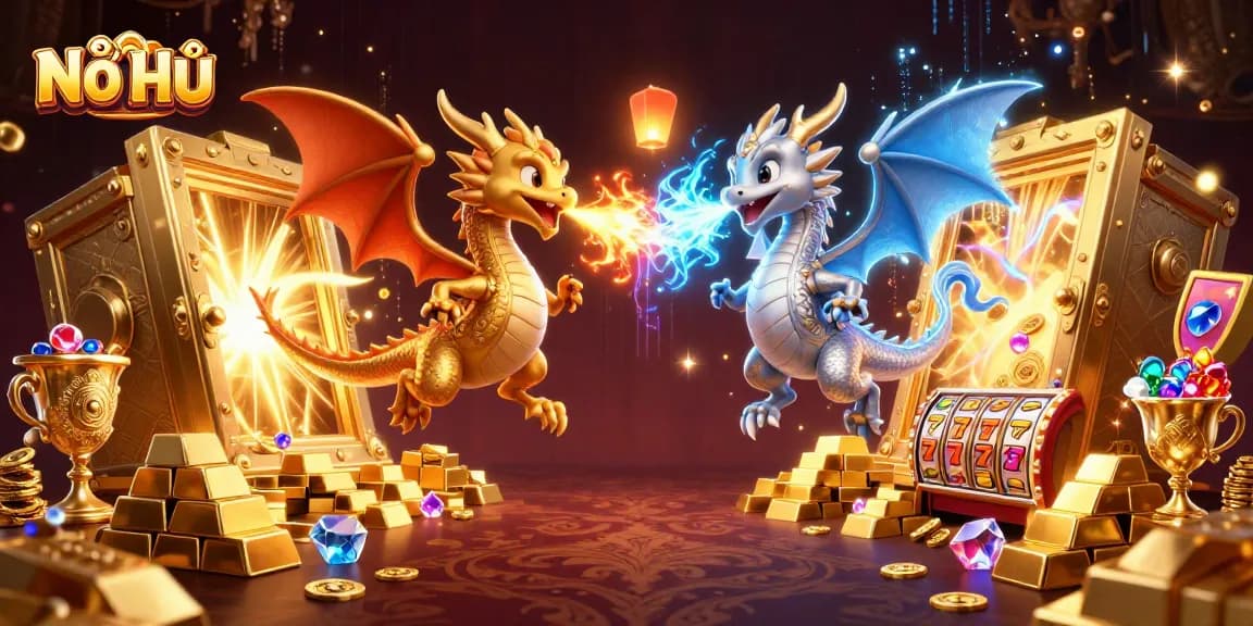 Nổ Hũ showcases twin dragons and slot elements, igniting the excitement of jackpot wins.
