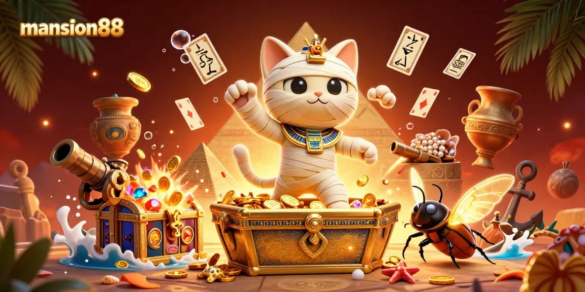 Join the excitement of mansion88 with a 3D cartoon mummy cat and treasures bursting from a pyramid casino.