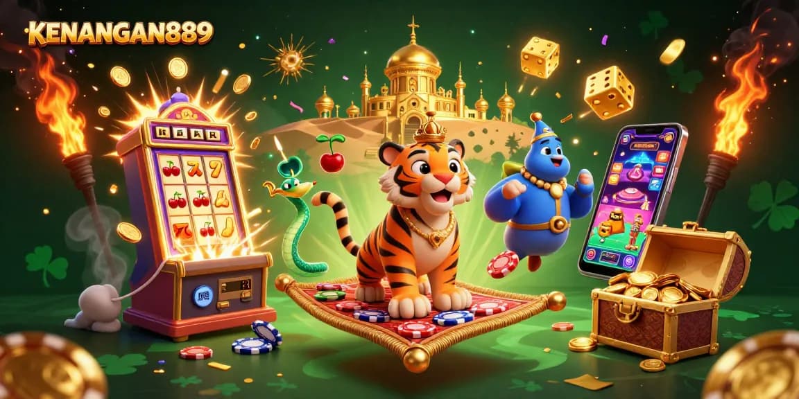 Experience KENANGAN889 with vibrant slot machines and a lucky sultan in a dynamic 3D scene.