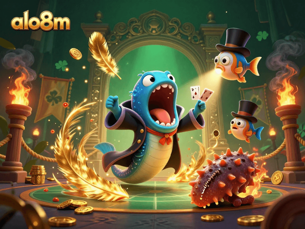 Experience thrilling card tricks with alo8m's captivating deep-sea casino characters in this vibrant 3D illustration.