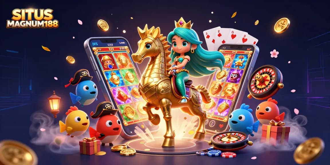 SITUS MAGNUM188 showcases a vibrant mermaid riding a seahorse amidst colorful casino elements