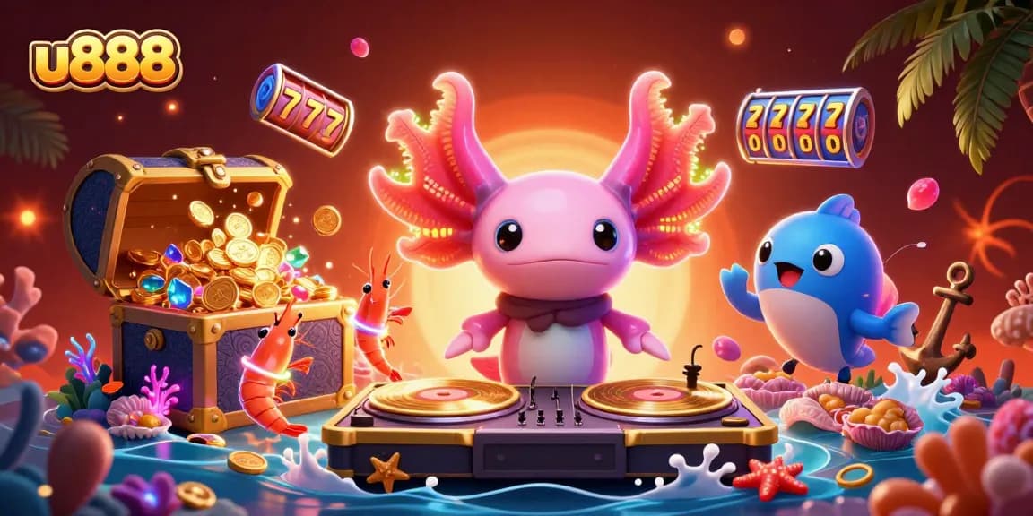 Engage with u888's thrilling slot games as a neon axolotl DJ spins records with treasure and vibrant sea life.