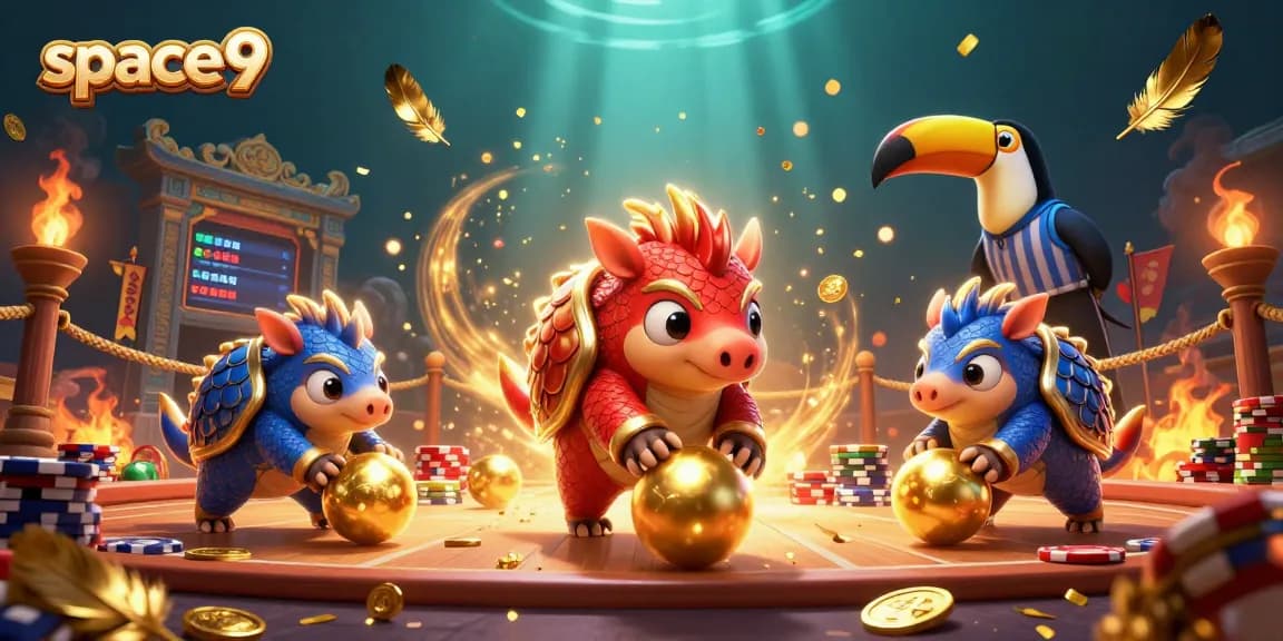 Space9 online casino features rival pangolins competing in a vibrant gambling scene with sparkling tokens.