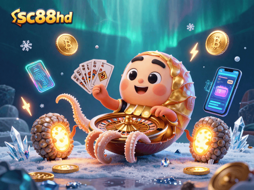 Experience thrilling gameplay with sc88hd's vibrant 3D casino illustration featuring crypto coins and glowing roulette.