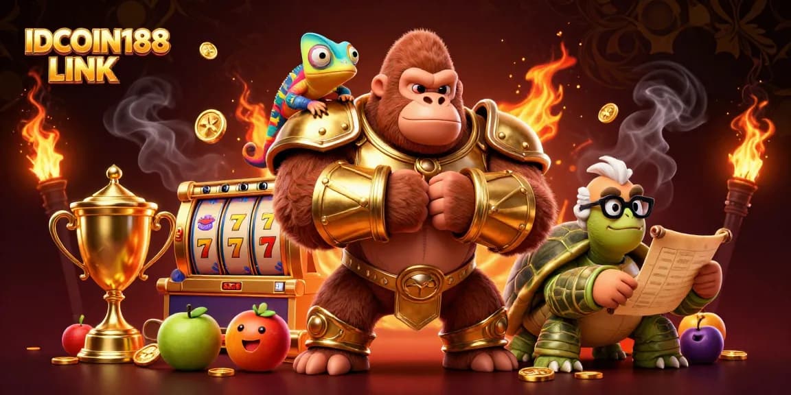 Experience the excitement of IDCOIN188 LINK with a vibrant casino scene featuring a powerful gorilla king and engaging slot game elements.