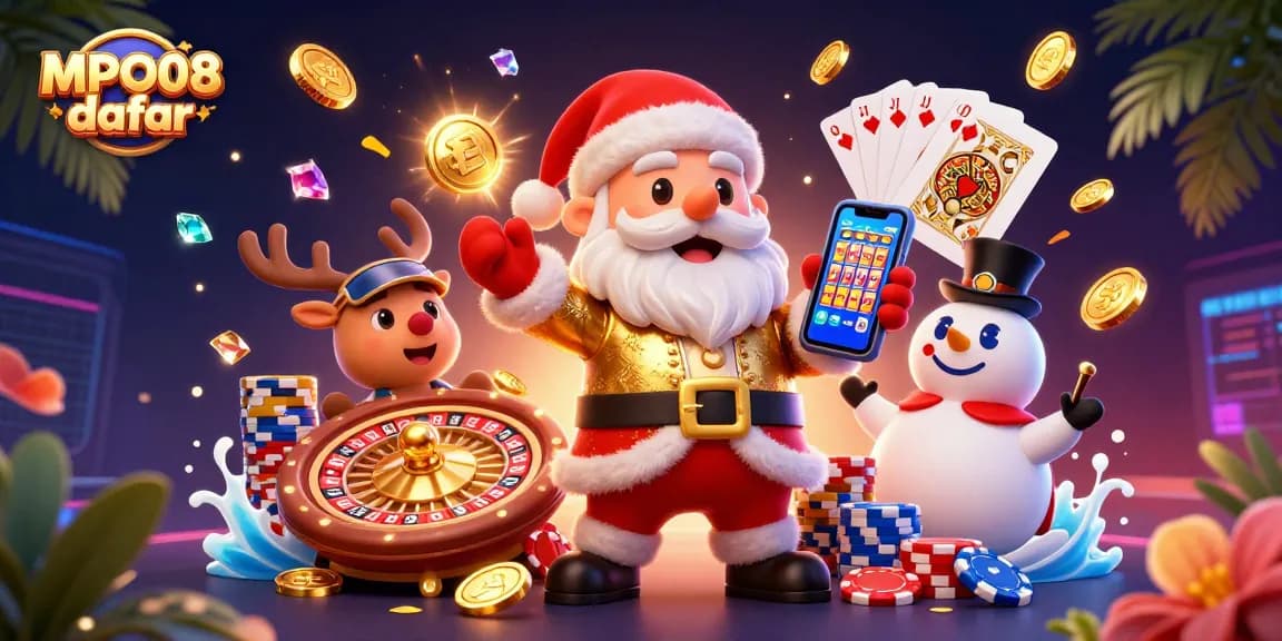 Play exciting slots on MPO08 daftar with Santa and his festive friends in a vibrant casino scene.