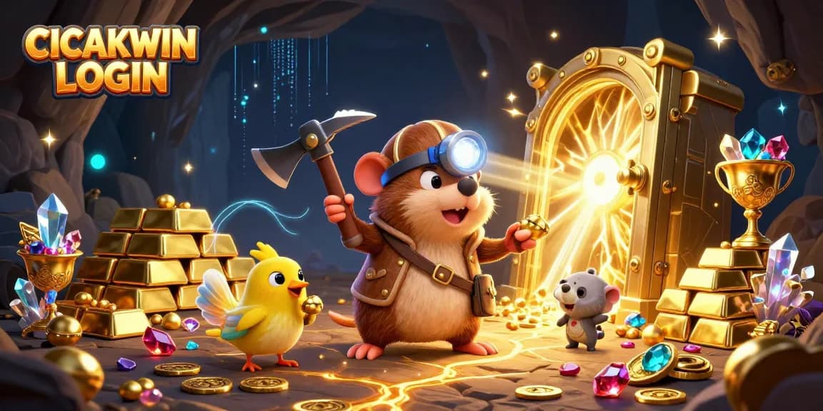 CICAKWIN LOGIN gameplay showing a mole character in a treasure cave, surrounded by gems and gold elements.