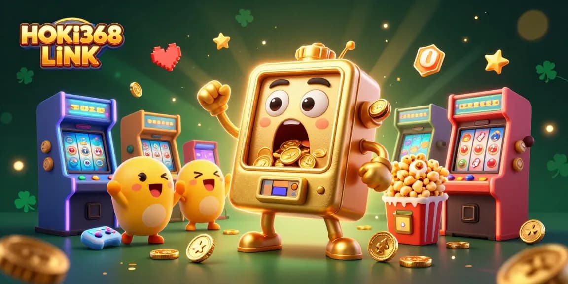 Experience the excitement of HOKI368 LINK with this vibrant 3D illustration of a jackpot celebration in a lively casino atmosphere.