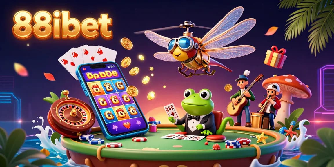 Engage with thrilling gambling adventures at 88ibet featuring vibrant scenes of a dragonfly pilot and a frog croupier.