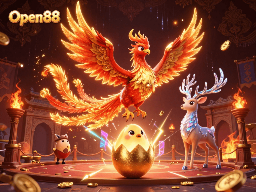 Experience the excitement of Open88 with a vibrant 3D illustration featuring a phoenix, baby chick, and mystical stag.